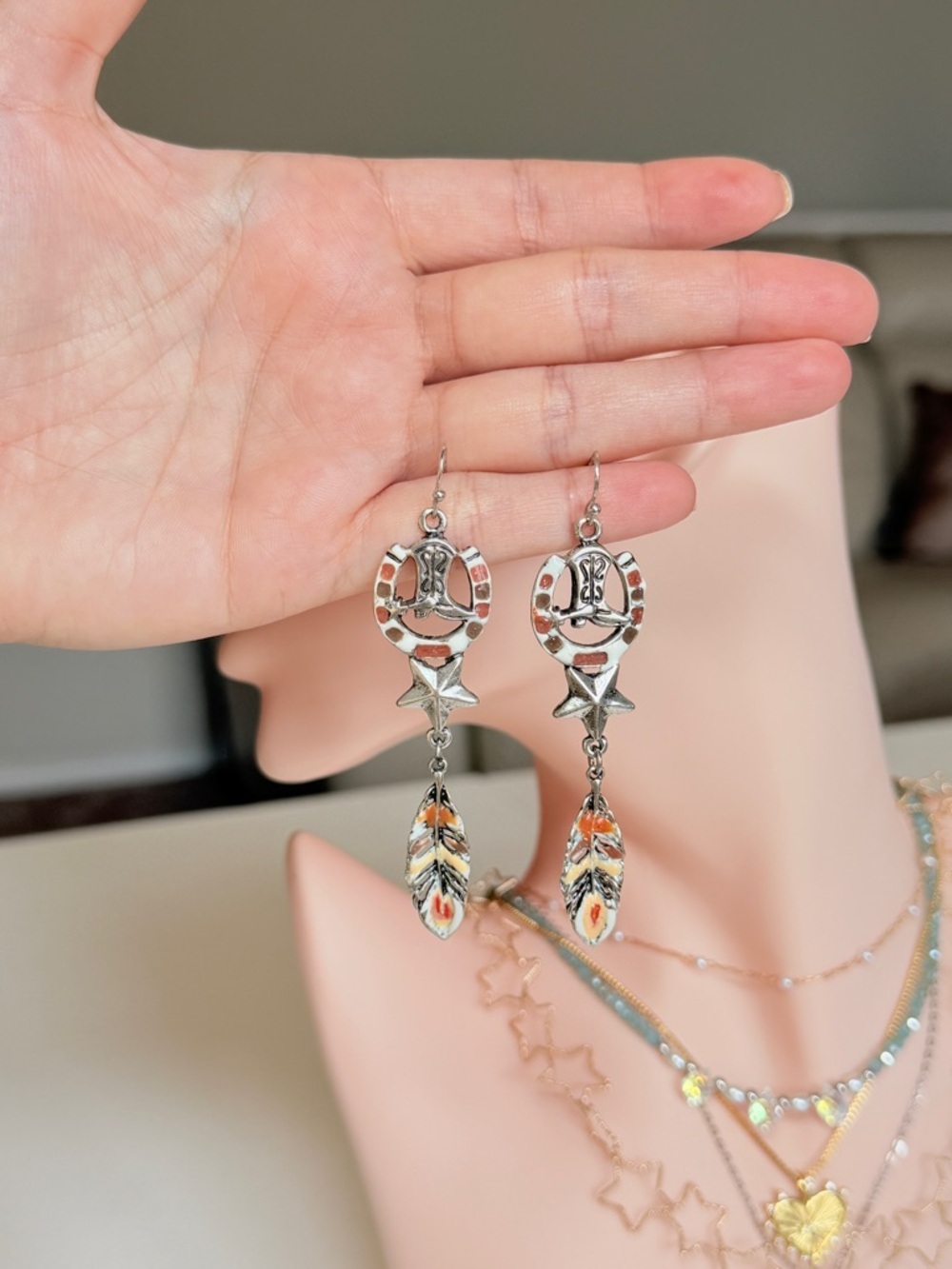 Silver-tone Boho Feather Dangle Earrings - Picture 9 of 11